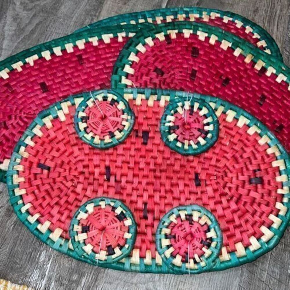 Set of 4 vintage woven Watermelon placemats and coasters